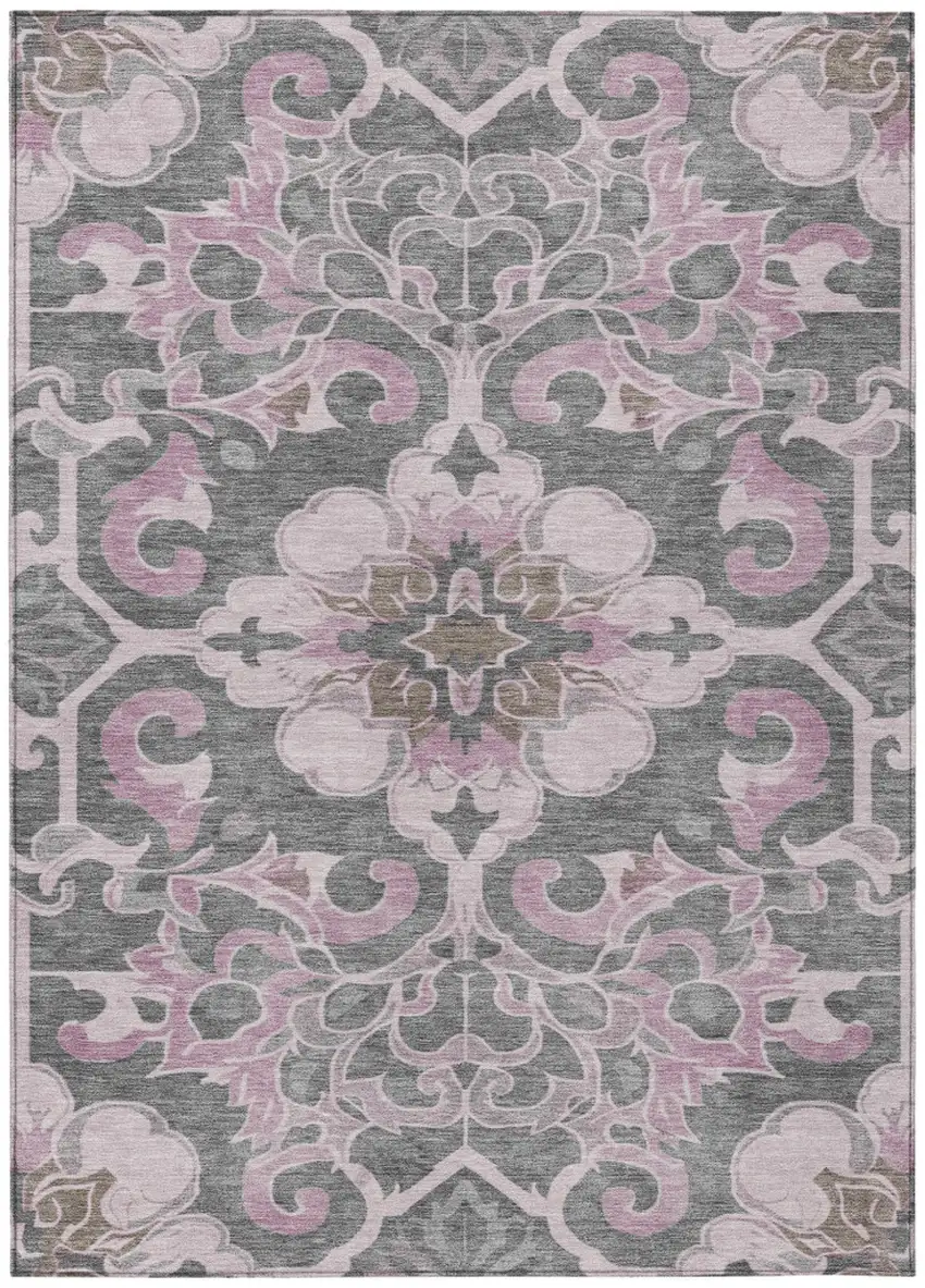Pink And Charcoal Damask Washable Indoor Outdoor Area Rug Photo 1