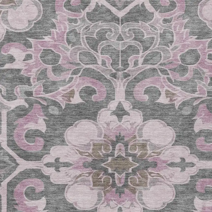 Pink And Charcoal Damask Washable Indoor Outdoor Area Rug Photo 4