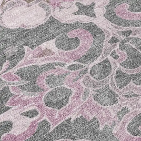 Pink And Charcoal Damask Washable Indoor Outdoor Area Rug Photo 9