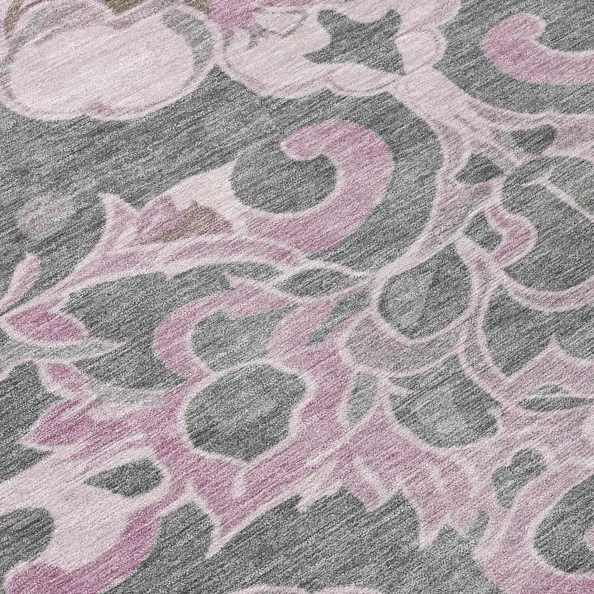Pink And Charcoal Damask Washable Indoor Outdoor Area Rug Photo 9
