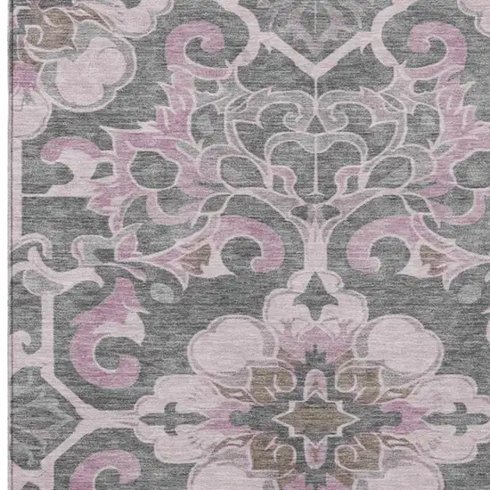 Pink And Charcoal Damask Washable Indoor Outdoor Area Rug Photo 3