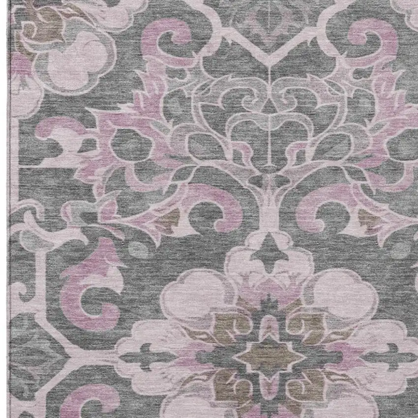 Pink And Charcoal Damask Washable Indoor Outdoor Area Rug Photo 3