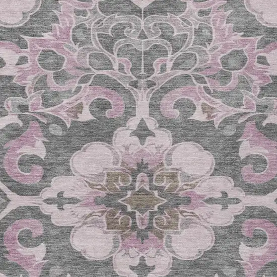 Pink And Charcoal Damask Washable Indoor Outdoor Area Rug Photo 7