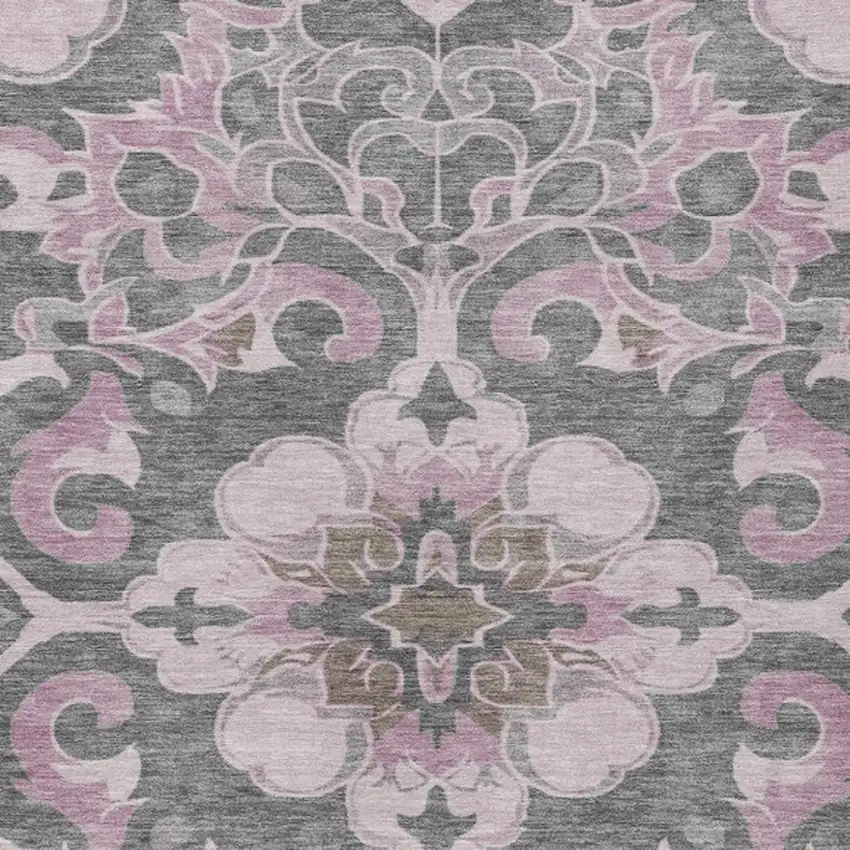 Pink And Charcoal Damask Washable Indoor Outdoor Area Rug Photo 7
