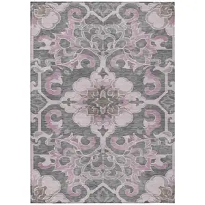 Photo of Pink And Charcoal Damask Washable Indoor Outdoor Area Rug