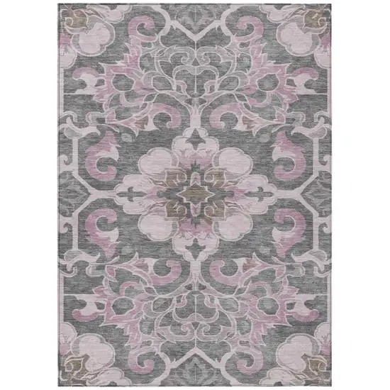 Pink And Charcoal Damask Washable Indoor Outdoor Area Rug Photo 1
