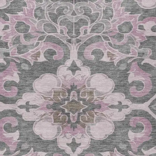 Pink And Charcoal Damask Washable Indoor Outdoor Area Rug Photo 3