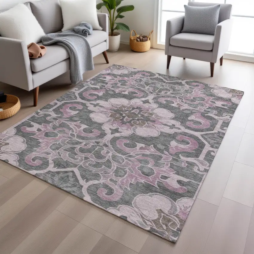 Pink And Charcoal Damask Washable Indoor Outdoor Area Rug Photo 6