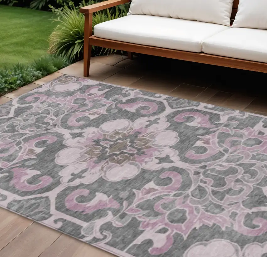 Pink And Charcoal Damask Washable Indoor Outdoor Area Rug Photo 2