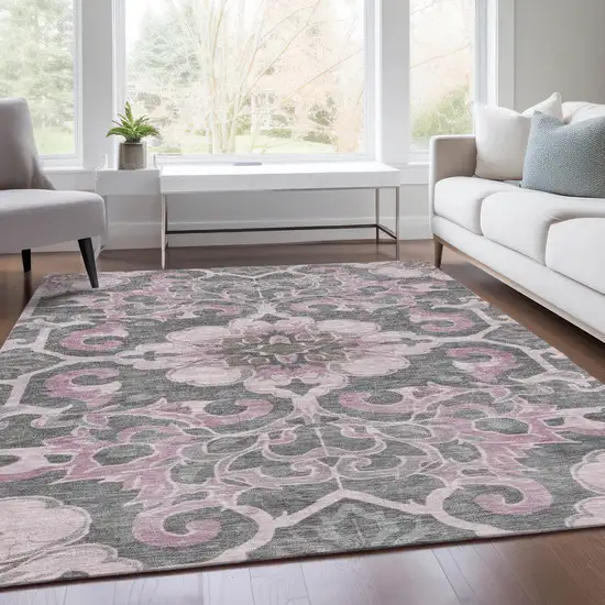 Pink And Charcoal Damask Washable Indoor Outdoor Area Rug Photo 7