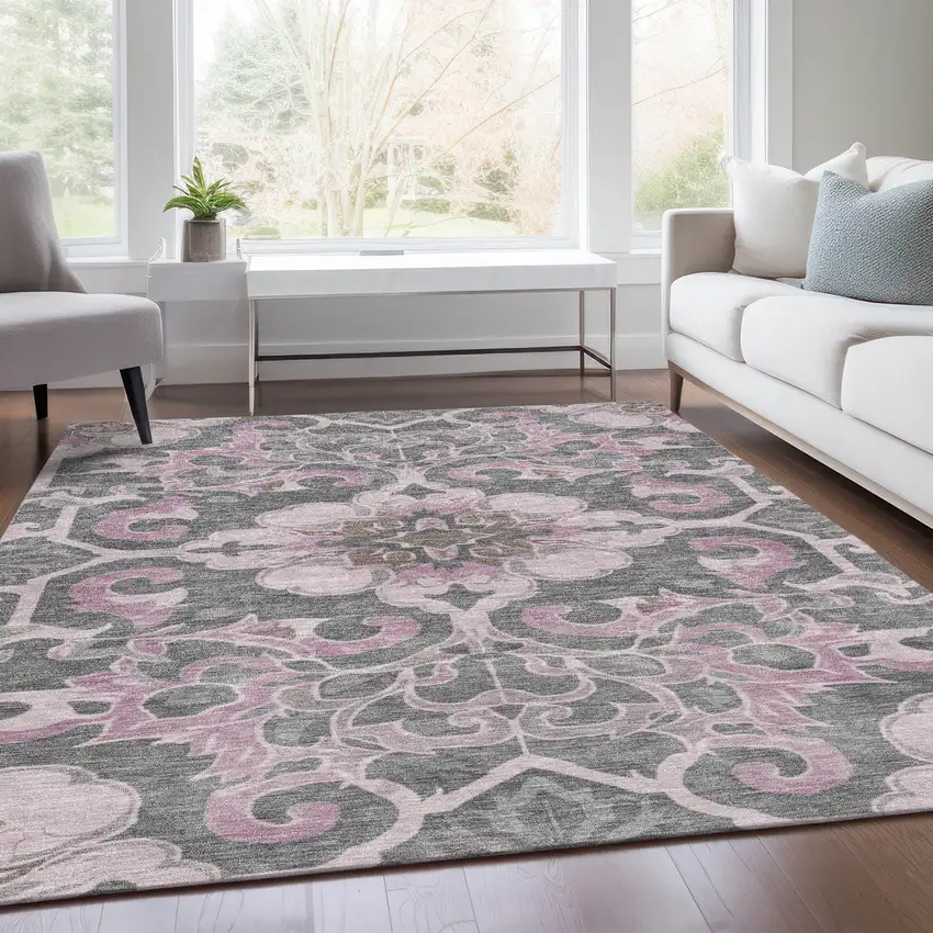 Pink And Charcoal Damask Washable Indoor Outdoor Area Rug Photo 7