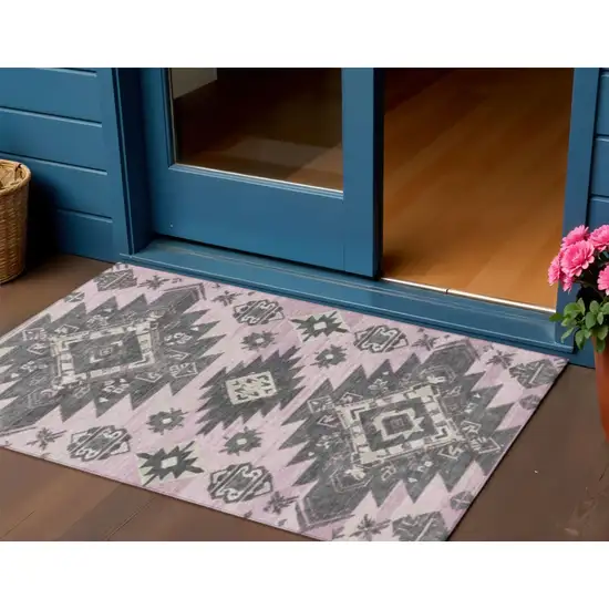 Pink And Charcoal Tribal Washable Indoor Outdoor Area Rug Photo 2