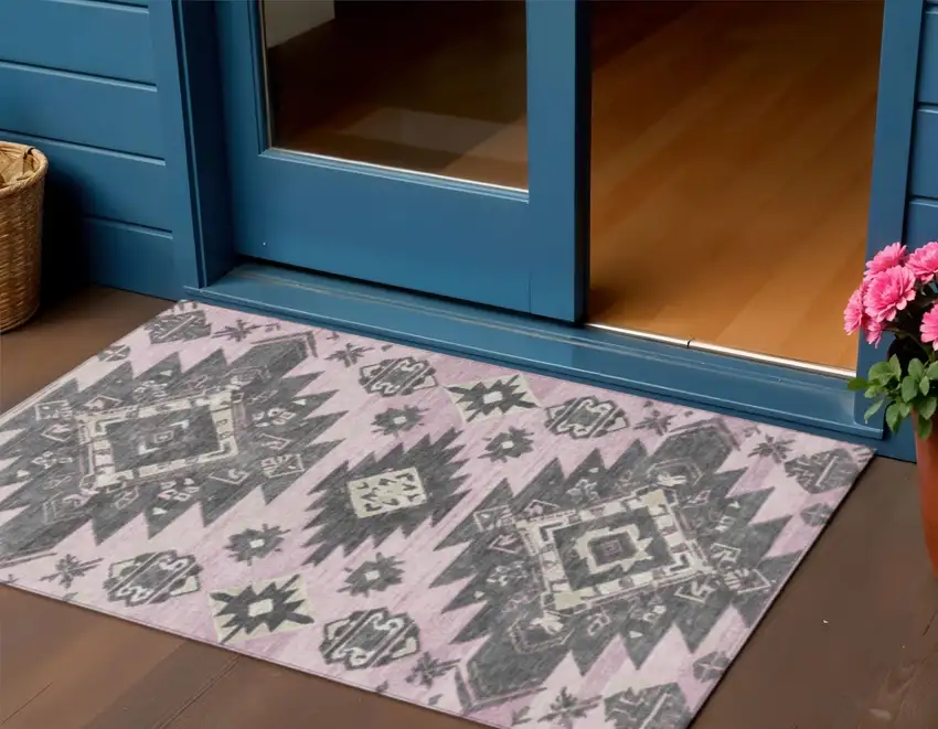 Pink And Charcoal Tribal Washable Indoor Outdoor Area Rug Photo 2