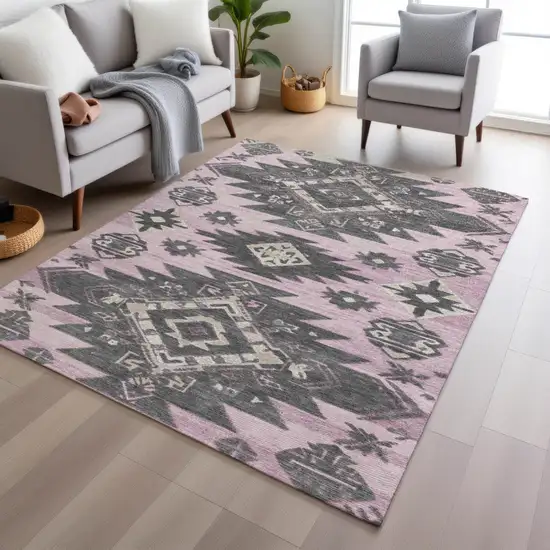 Pink And Charcoal Tribal Washable Indoor Outdoor Area Rug Photo 6
