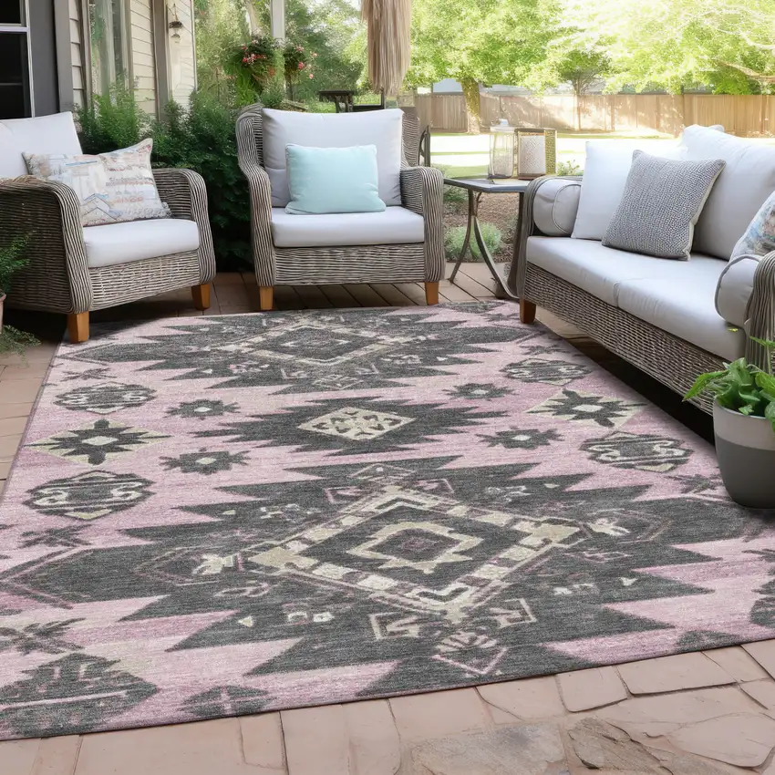 Pink And Charcoal Tribal Washable Indoor Outdoor Area Rug Photo 5