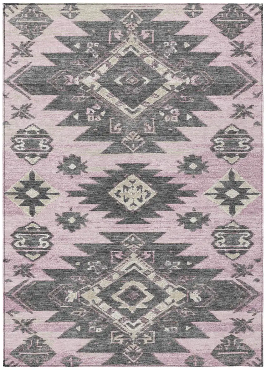 Pink And Charcoal Tribal Washable Indoor Outdoor Area Rug Photo 1