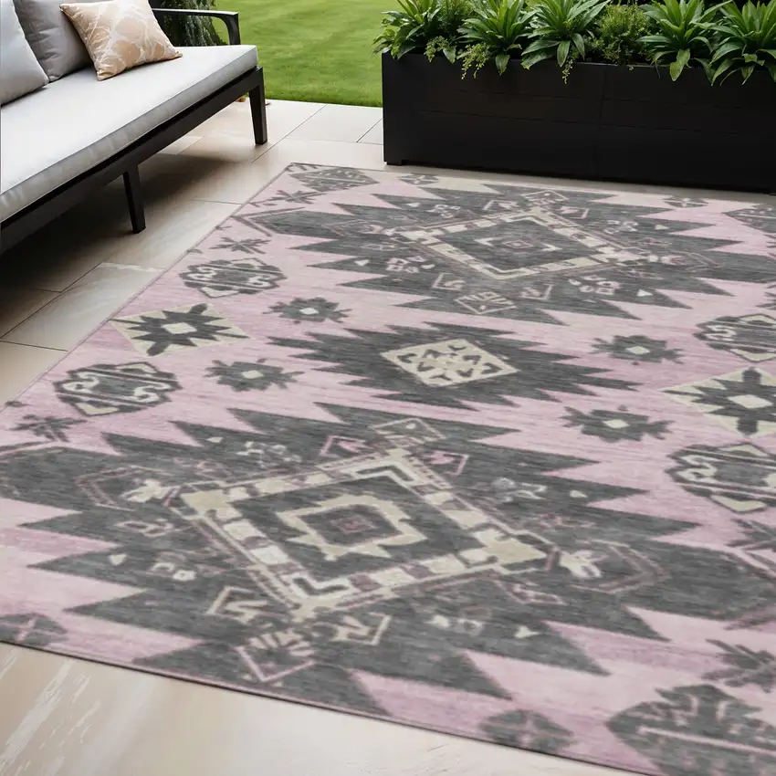 Pink And Charcoal Tribal Washable Indoor Outdoor Area Rug Photo 2