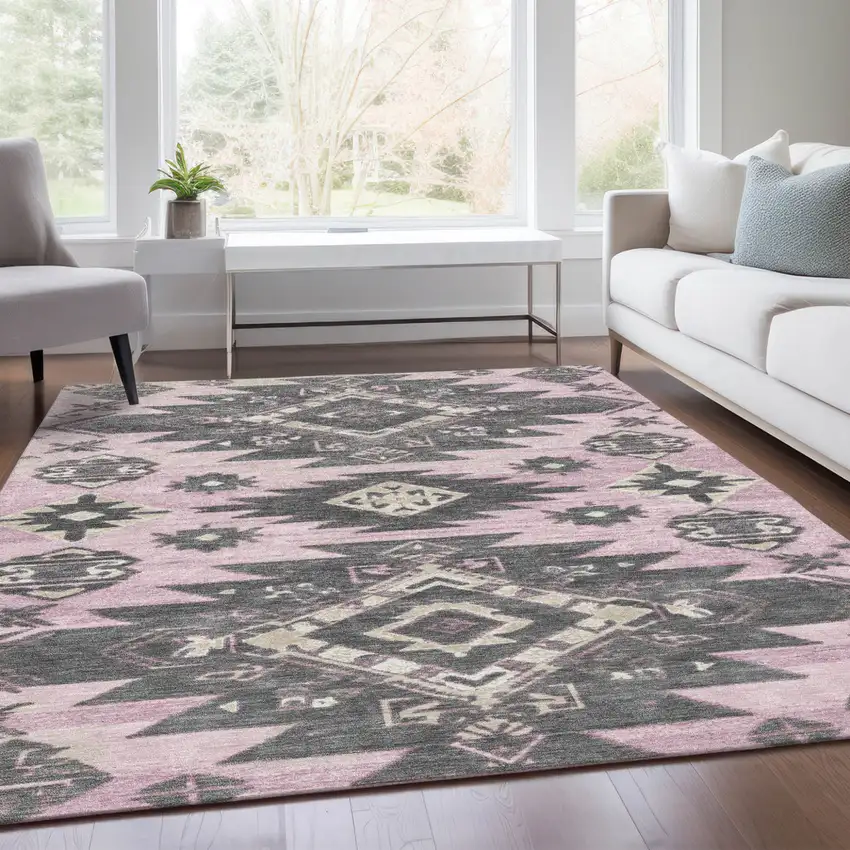 Pink And Charcoal Tribal Washable Indoor Outdoor Area Rug Photo 7