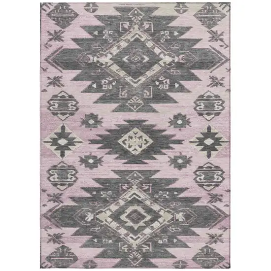 Pink And Charcoal Tribal Washable Indoor Outdoor Area Rug Photo 3