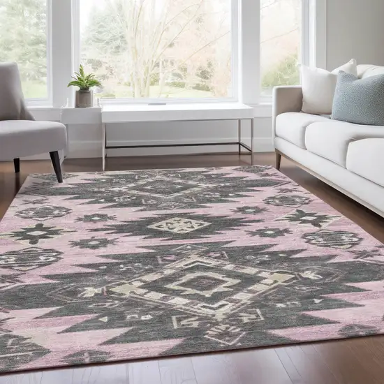 Pink And Charcoal Tribal Washable Indoor Outdoor Area Rug Photo 7
