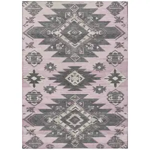 Photo of Pink And Charcoal Tribal Washable Indoor Outdoor Area Rug