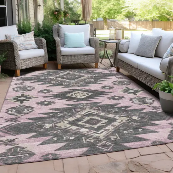 Pink And Charcoal Tribal Washable Indoor Outdoor Area Rug Photo 5