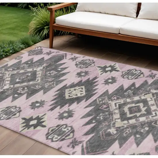 Pink And Charcoal Tribal Washable Indoor Outdoor Area Rug Photo 2
