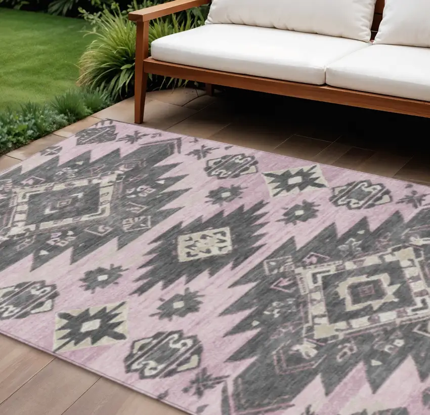 Pink And Charcoal Tribal Washable Indoor Outdoor Area Rug Photo 2