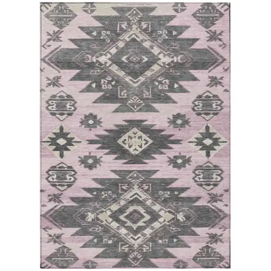 Pink And Charcoal Tribal Washable Indoor Outdoor Area Rug Photo 1