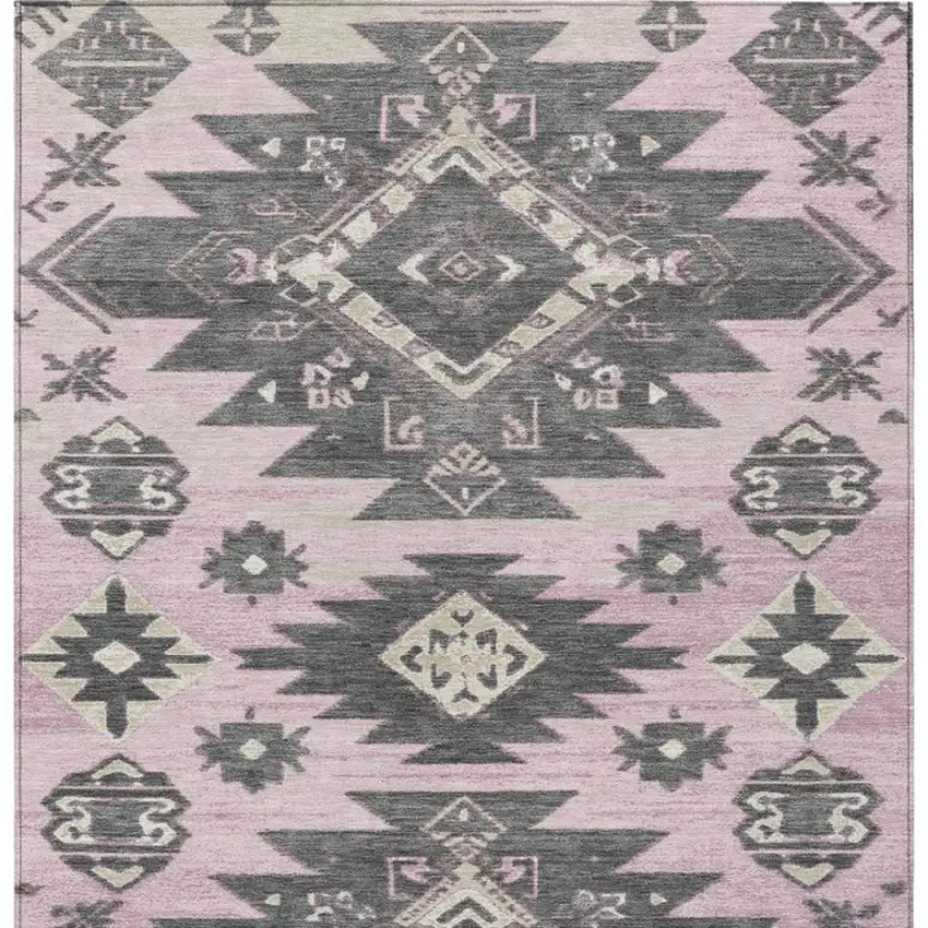 Pink And Charcoal Tribal Washable Indoor Outdoor Area Rug Photo 9