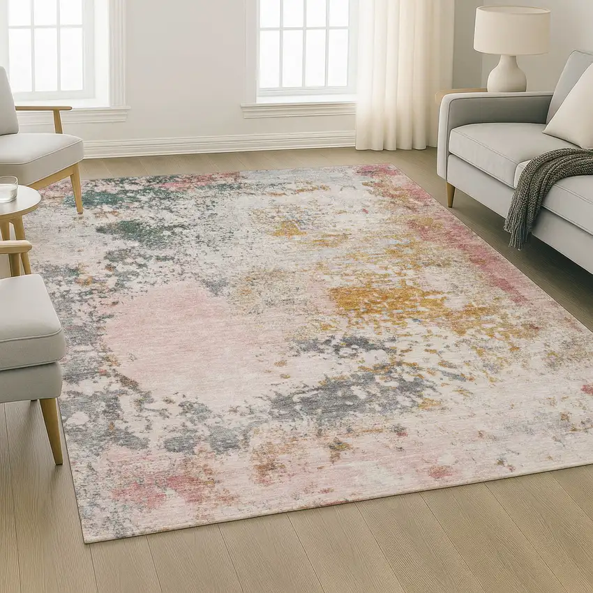 Pink And Copper Abstract Washable Area Rug With UV Protection Photo 6