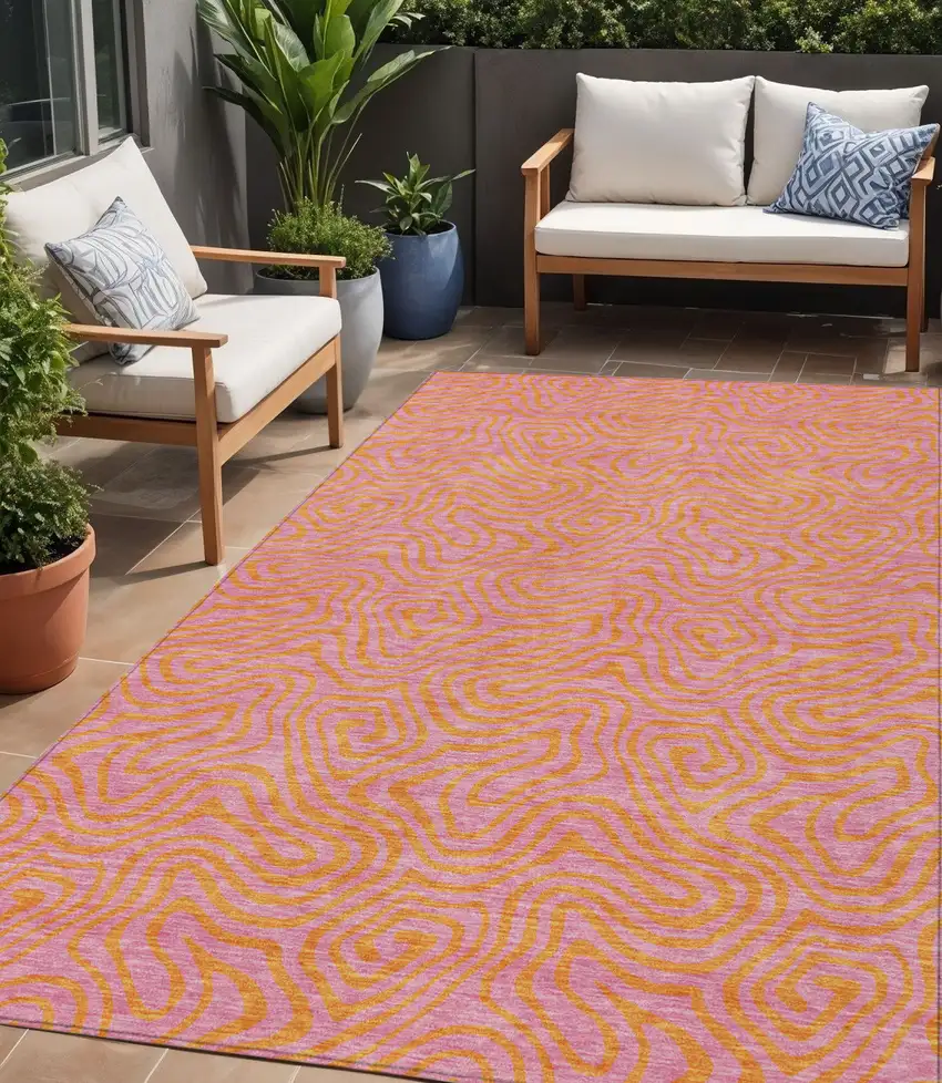 Pink And Copper Abstract Washable Indoor Outdoor Area Rug Photo 1