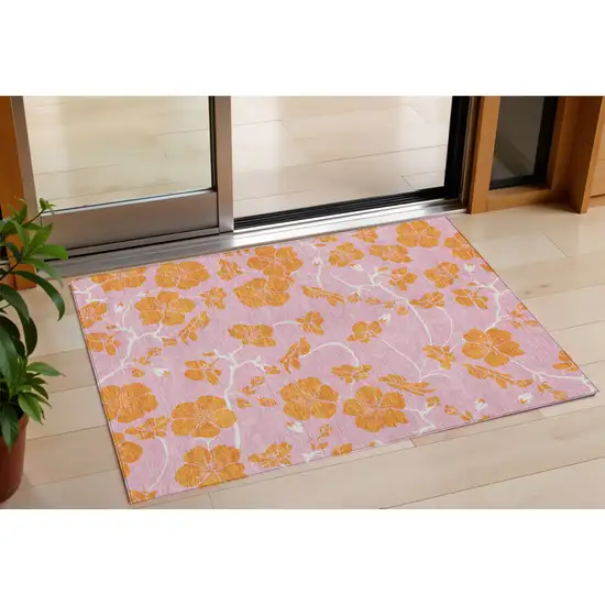Pink And Copper Floral Washable Indoor Outdoor Area Rug Photo 1