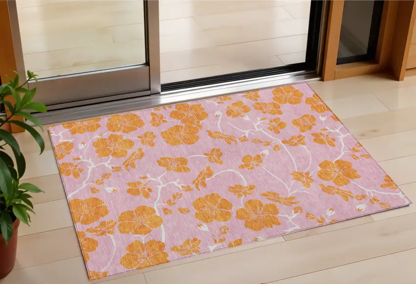 Pink And Copper Floral Washable Indoor Outdoor Area Rug Photo 1
