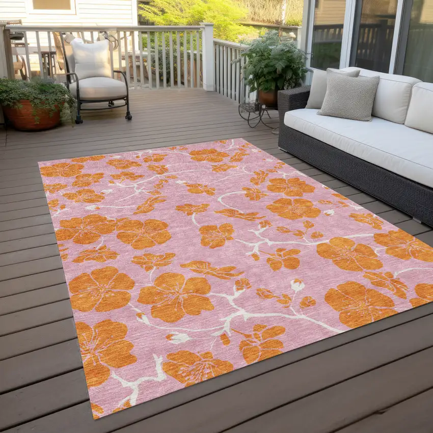 Pink And Copper Floral Washable Indoor Outdoor Area Rug Photo 9