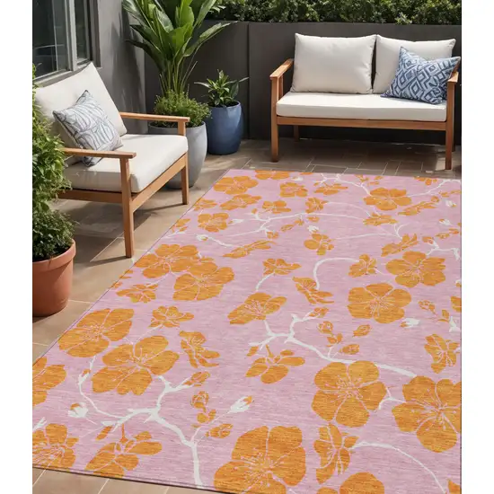 Pink And Copper Floral Washable Indoor Outdoor Area Rug Photo 1