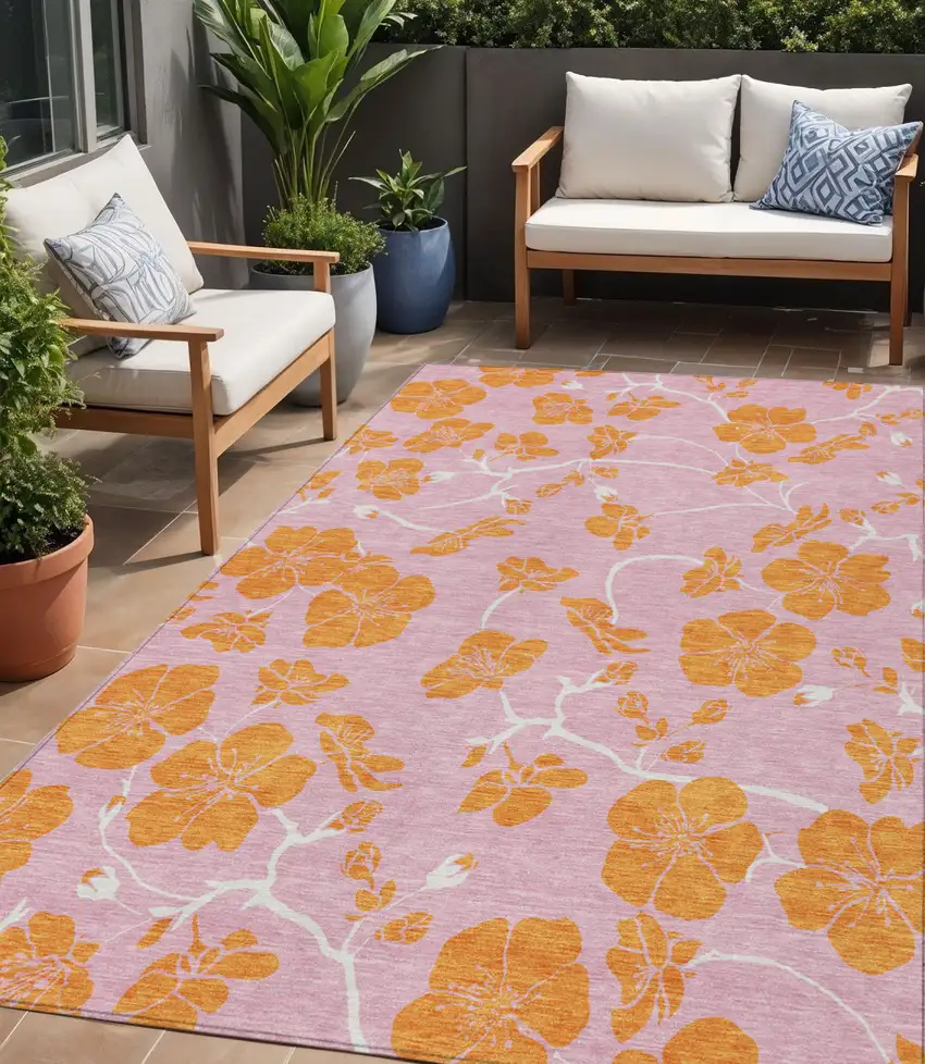 Pink And Copper Floral Washable Indoor Outdoor Area Rug Photo 1