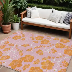Photo of Pink And Copper Floral Washable Indoor Outdoor Area Rug