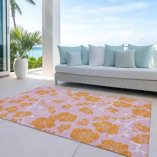 Pink And Copper Floral Washable Indoor Outdoor Area Rug Photo 9