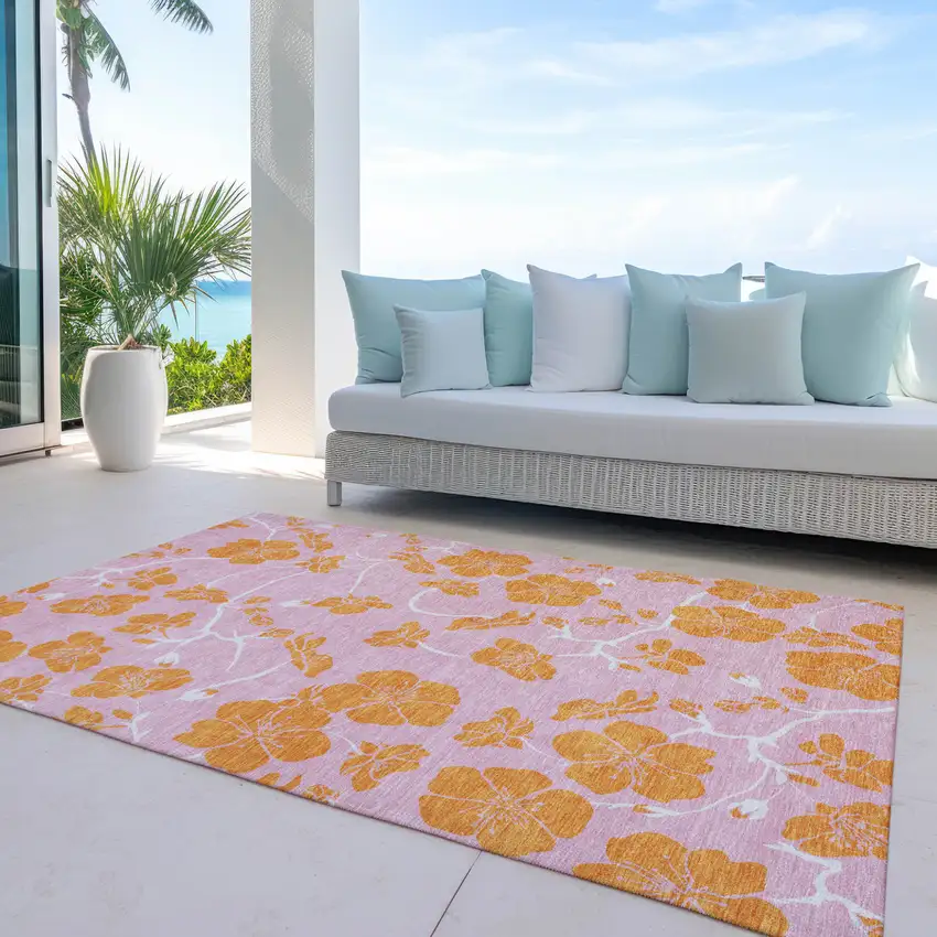Pink And Copper Floral Washable Indoor Outdoor Area Rug Photo 9
