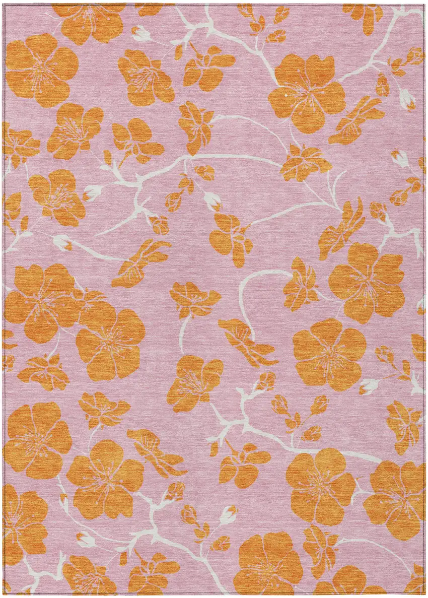 Pink And Copper Floral Washable Indoor Outdoor Area Rug Photo 2