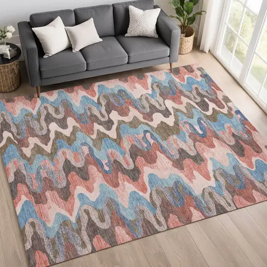 Pink And Coral Abstract Washable Indoor Outdoor Area Rug Photo 6