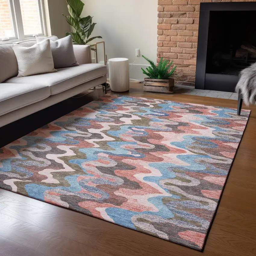 Pink And Coral Abstract Washable Indoor Outdoor Area Rug Photo 5
