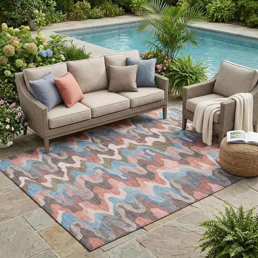 Pink And Coral Abstract Washable Indoor Outdoor Area Rug Photo 1