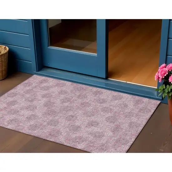 Pink And Eggplant Damask Washable Indoor Outdoor Area Rug Photo 2