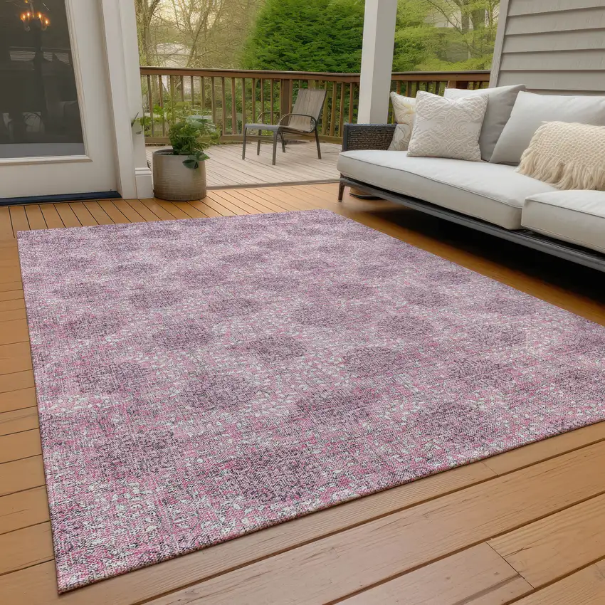 Pink And Eggplant Damask Washable Indoor Outdoor Area Rug Photo 8