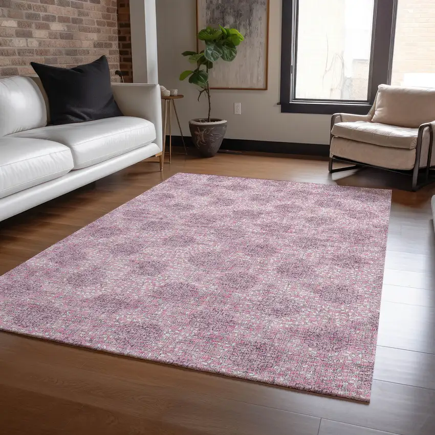 Pink And Eggplant Damask Washable Indoor Outdoor Area Rug Photo 7