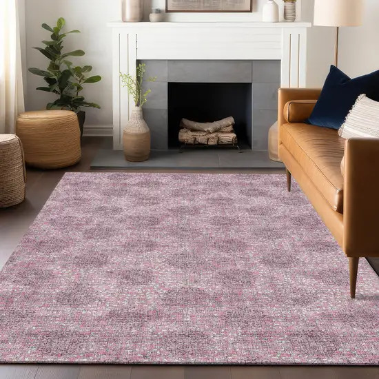 Pink And Eggplant Damask Washable Indoor Outdoor Area Rug Photo 6