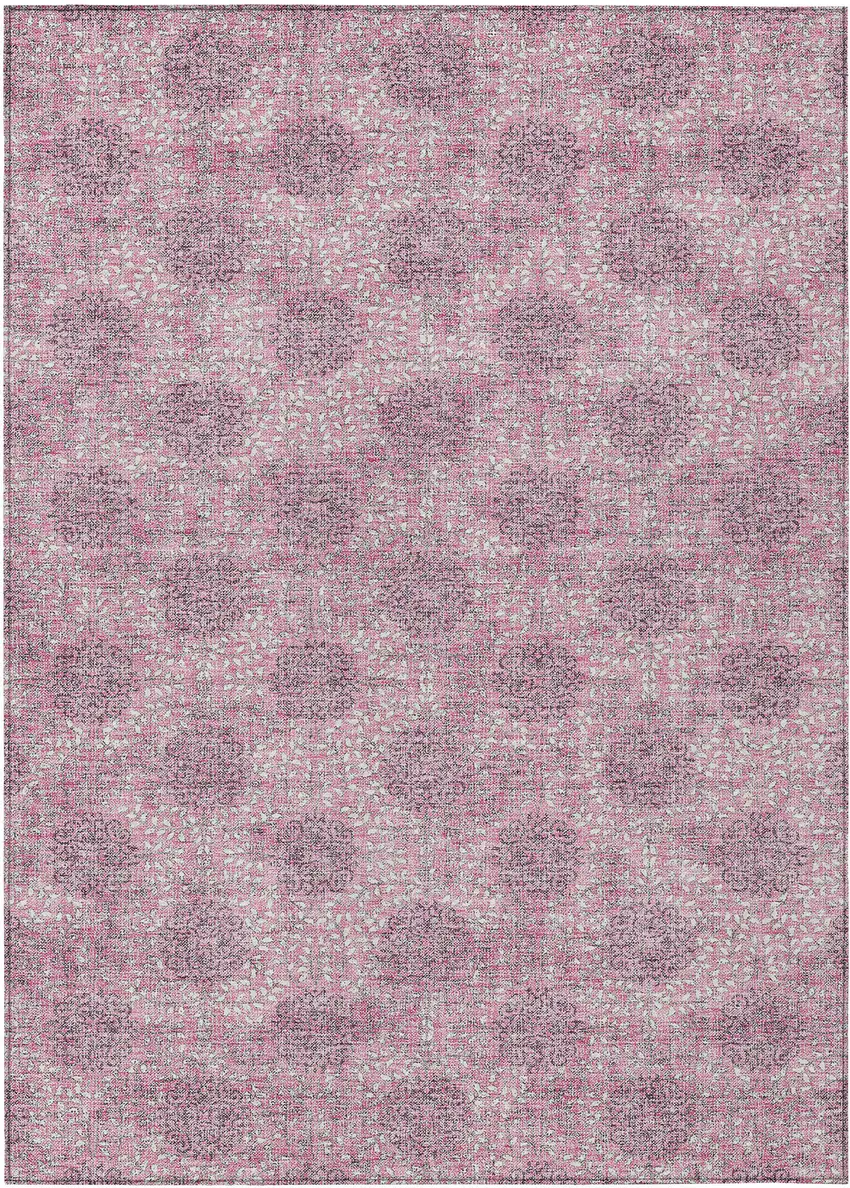 Pink And Eggplant Damask Washable Indoor Outdoor Area Rug Photo 1