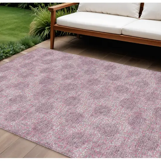 Pink And Eggplant Damask Washable Indoor Outdoor Area Rug Photo 2